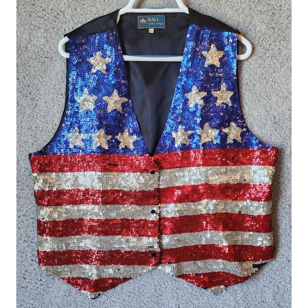 Bali Collection Unisex Snap Button Vest Sequin USA Flag Patriotic Star Stripes L